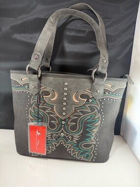 Montana West Gray Western Embroidered Studded Tote Shoulder Bag Turquoise Accent